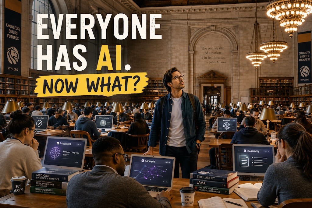 A public library hall where people use AI-enabled computers while one person stands up and looks around, asking what comes next.