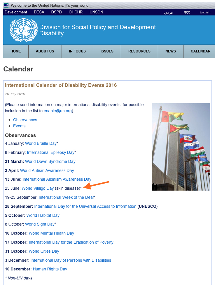 Screenshot of World Vitiligo Day listed on the UN Calendar of Disability Events